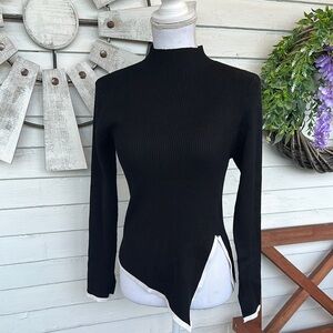 Black Asymmetrical Ribbed Mock Neck Sweater